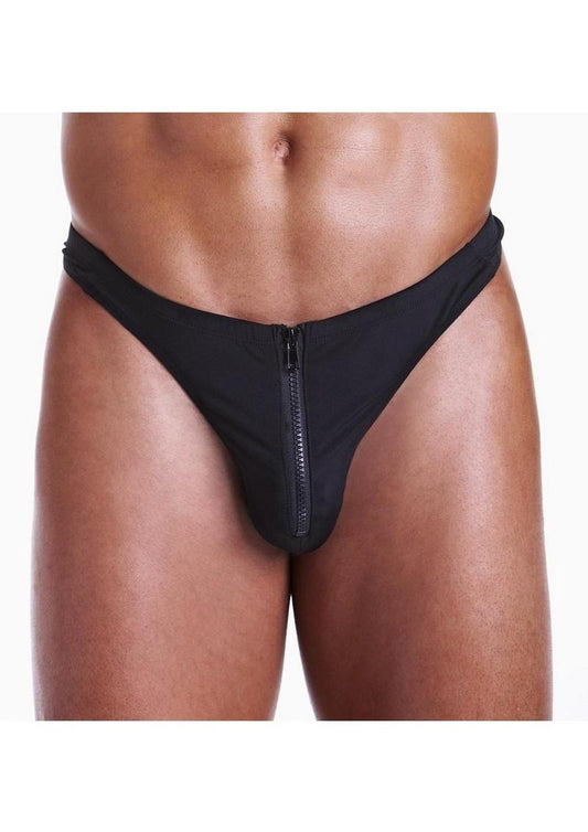 Fundies Unzip It Thong with Black Zorro Mask - Black - One Size